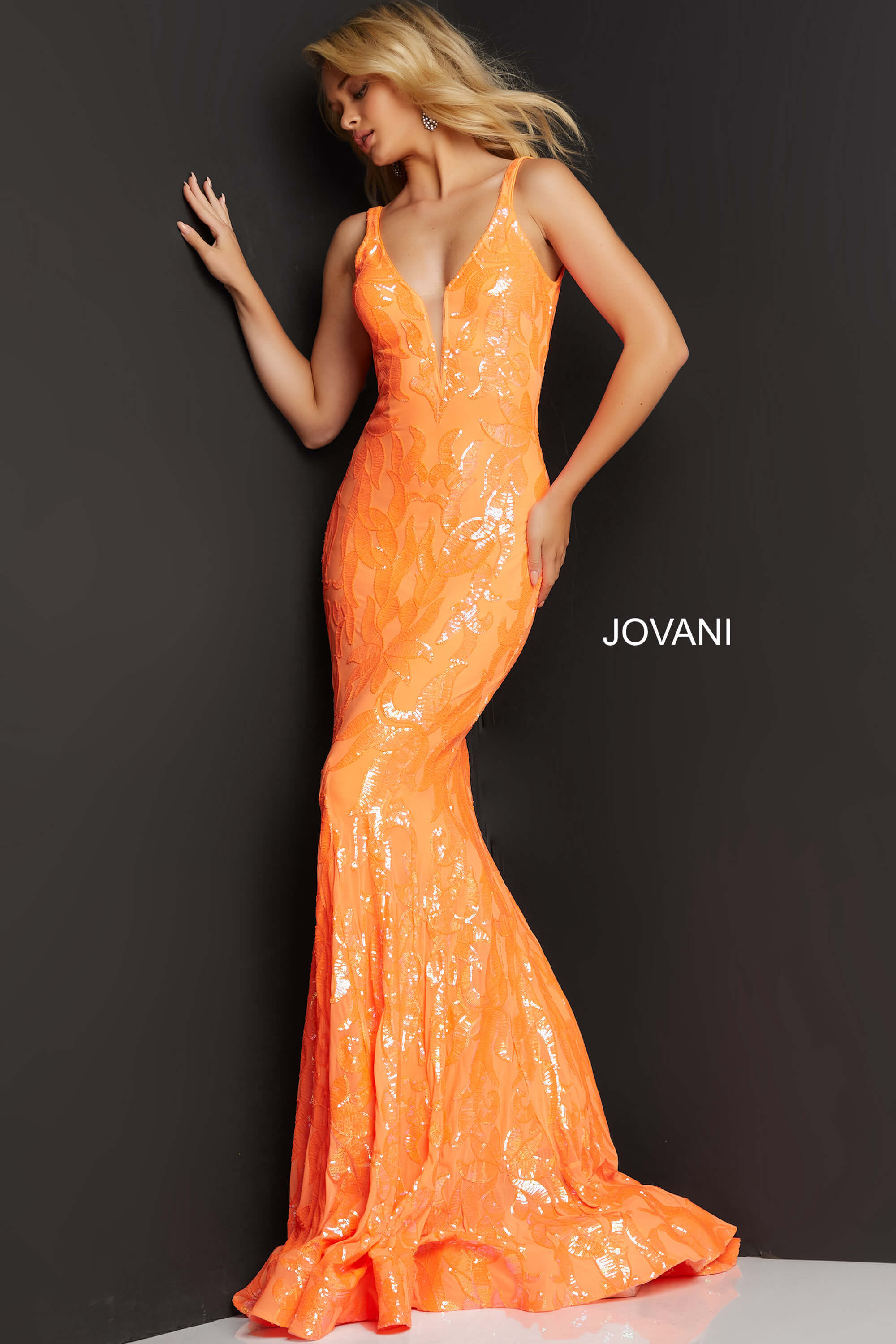 Jovani 3263 Sequin Plunging Neck Embellished Prom Dress